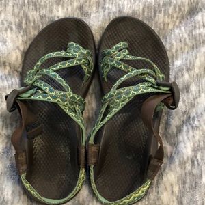 Chacos. Brown sole, green strap with toe loop